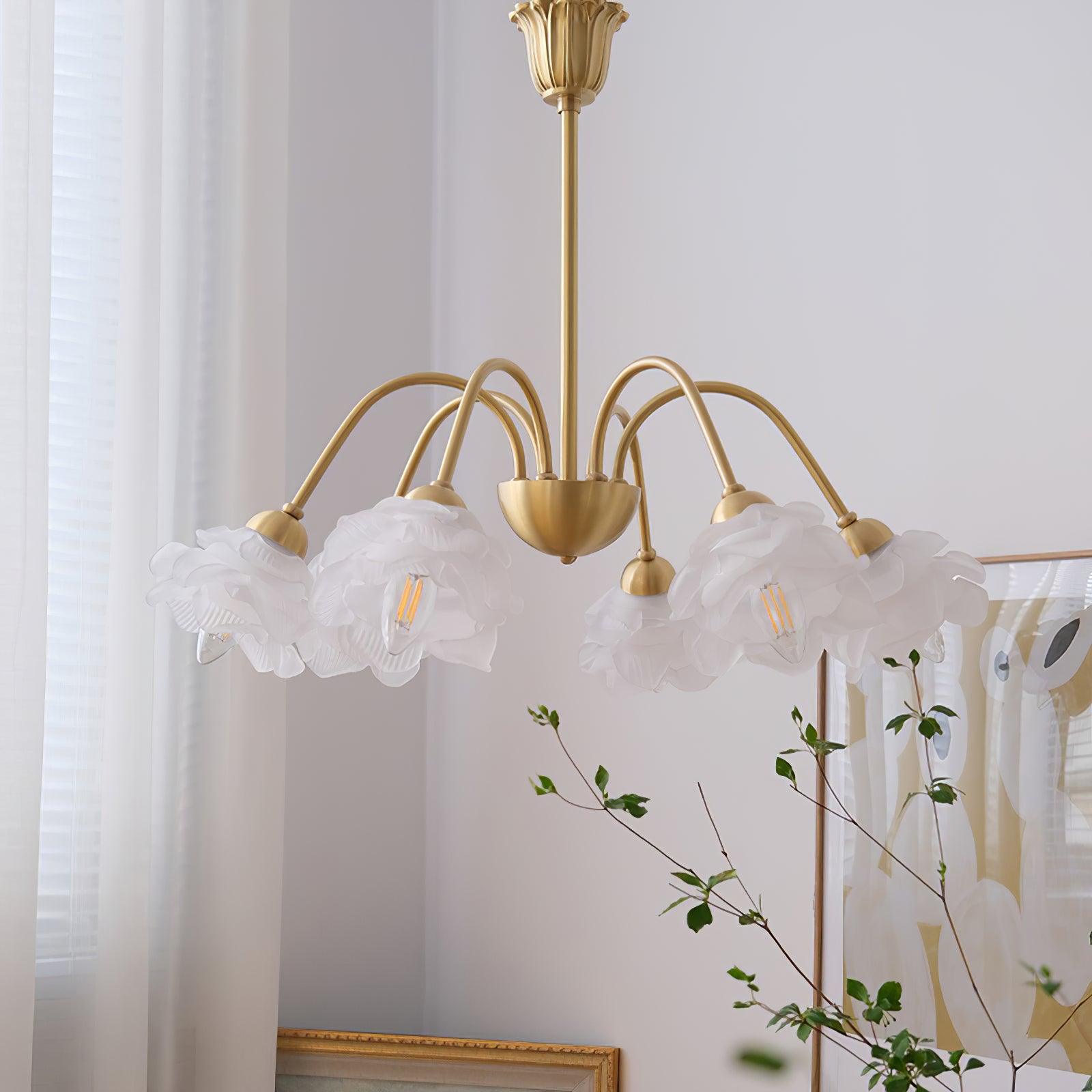Lustra Chandelier Brass Glass Rose Floral - Neutral Decor