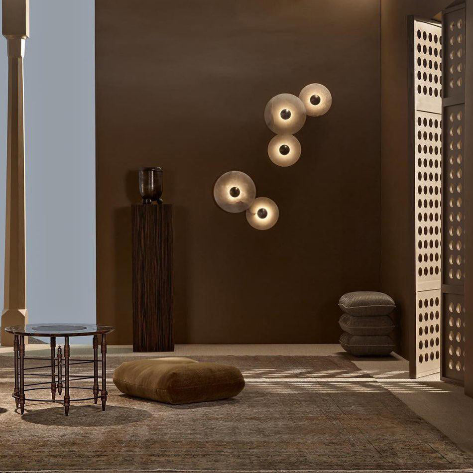 Round Wall Lamp Alabaster Fluted Brass - Neutral Decor