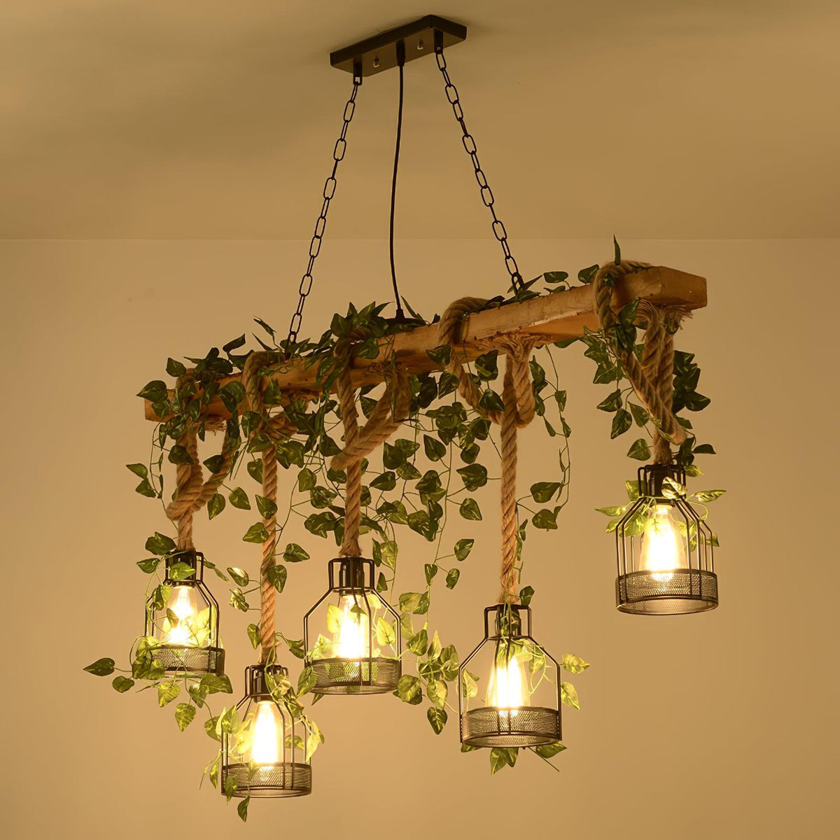 Qyron Chandelier Rustic Wooden Beam Rope Cage Cozy