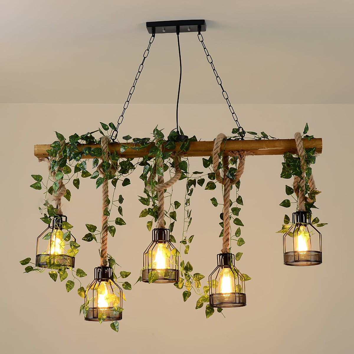 Qyron Chandelier Rustic Wooden Beam Rope Cage Cozy