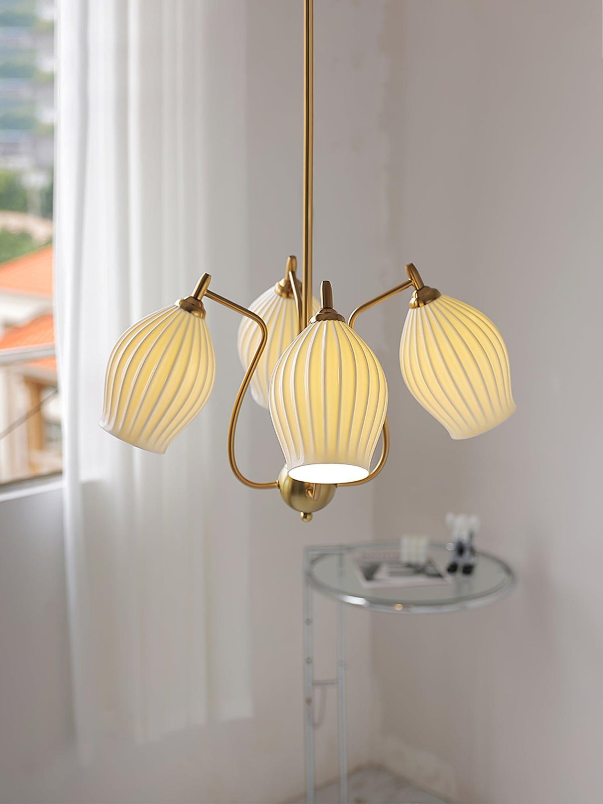 Pravin Chandelier Ceramic Ribbed Sculptural Glass Elegant