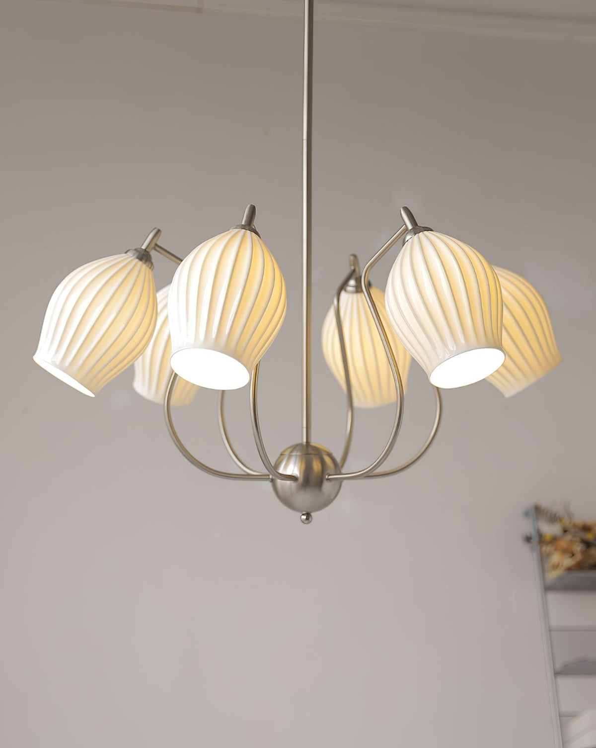 Pravin Chandelier Ceramic Ribbed Sculptural Glass Elegant