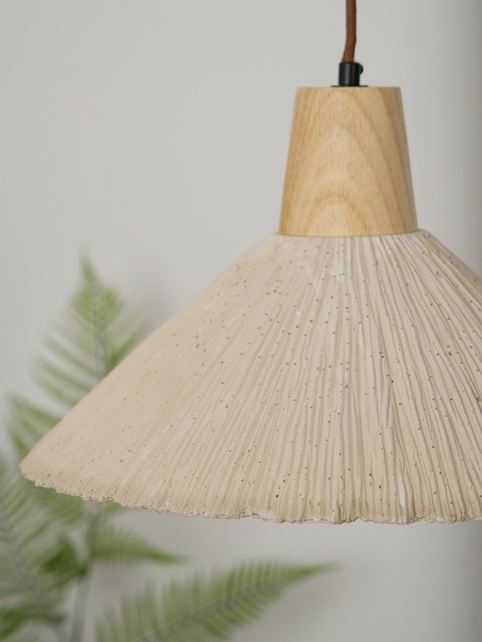 Pendant Lamp Wood Top Textured Cement Shade Grey Natural Japandi - Neutral Decor