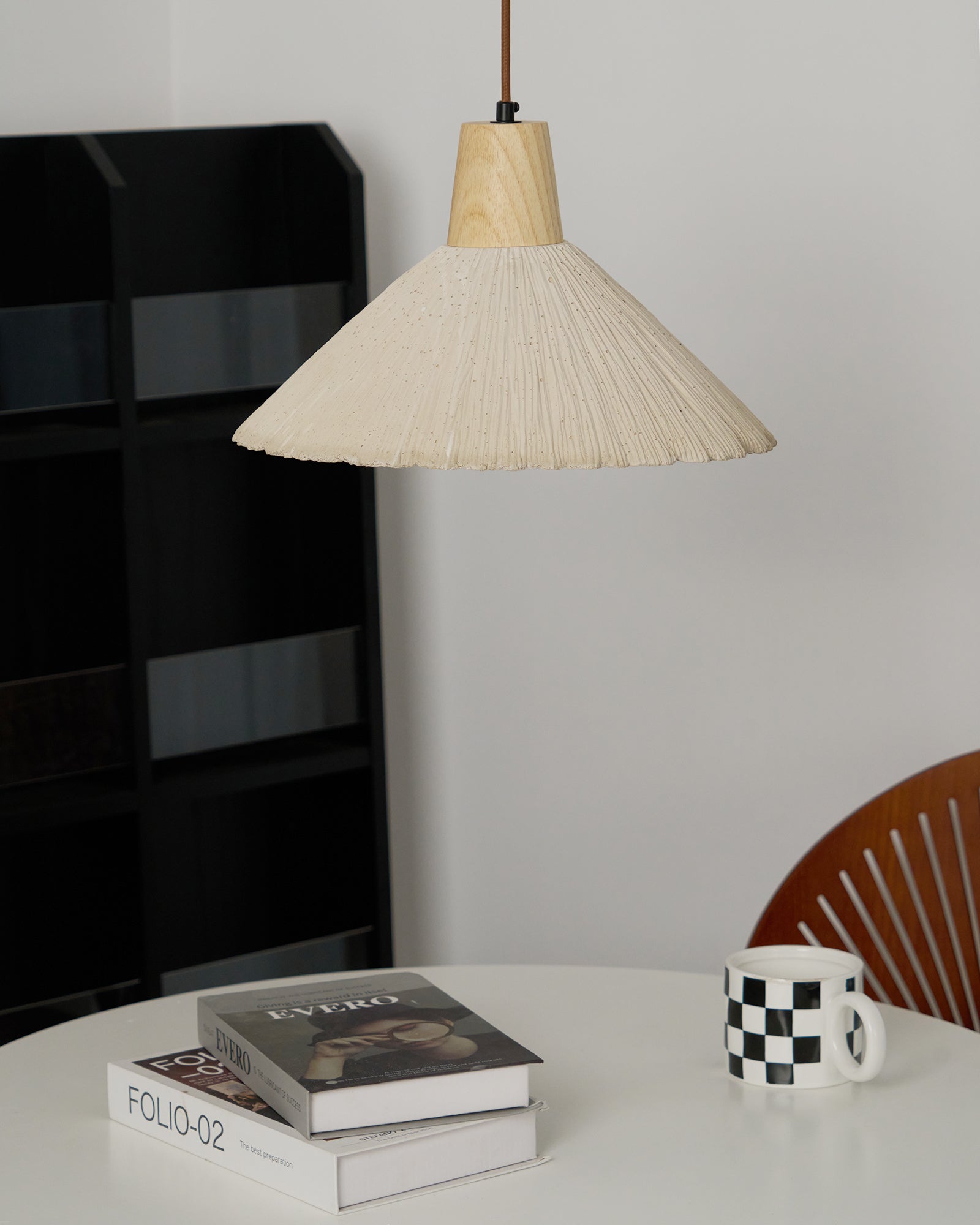 Pendant Lamp Wood Top Textured Cement Shade Grey Natural Japandi - Neutral Decor