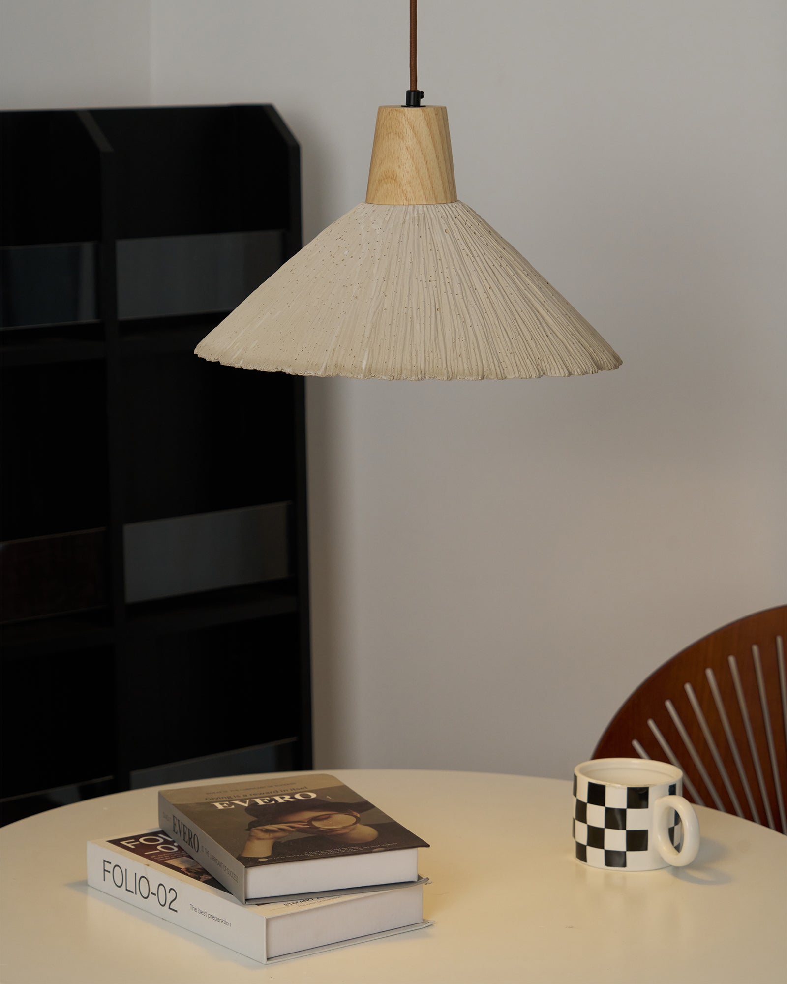 Pendant Lamp Wood Top Textured Cement Shade Grey Natural Japandi - Neutral Decor