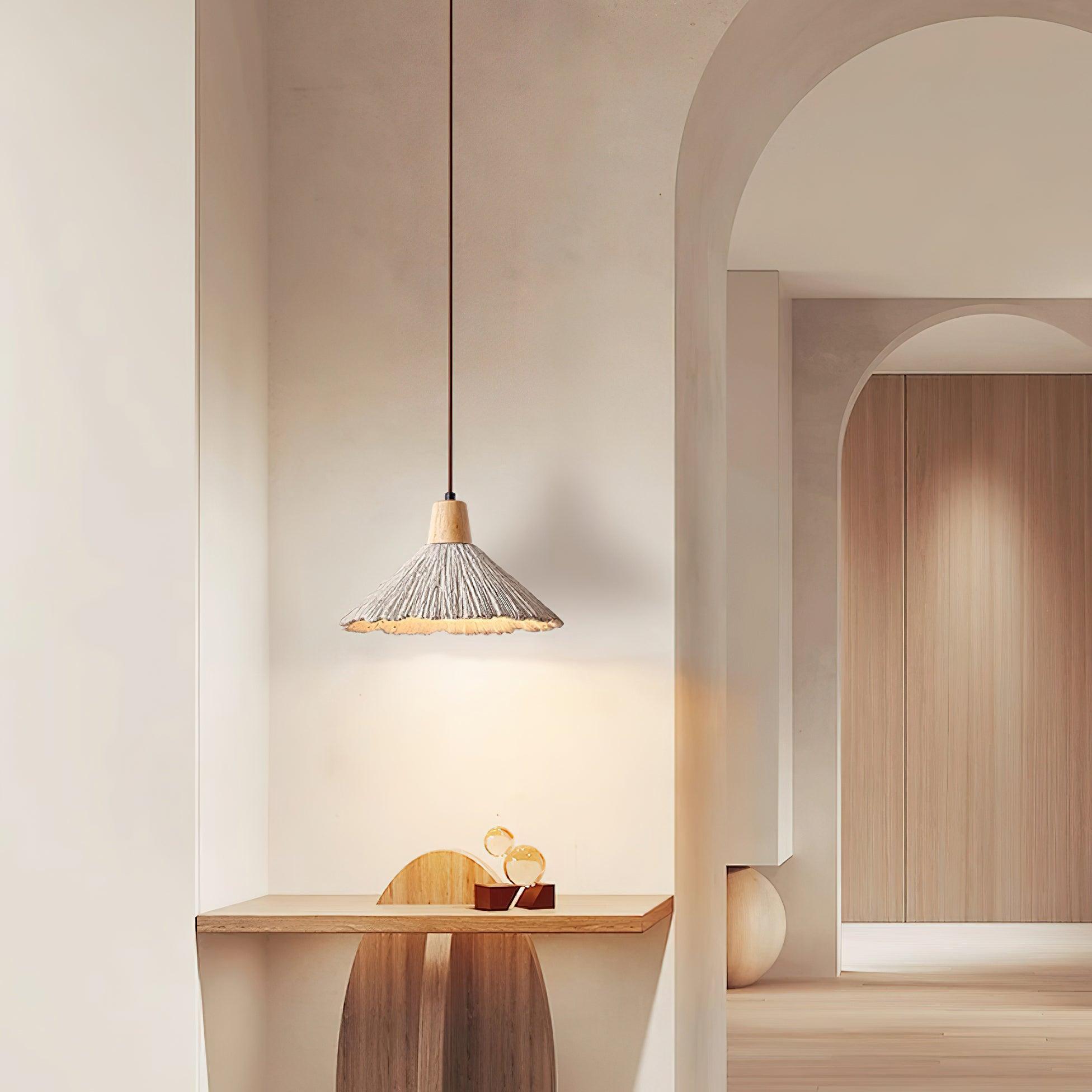 Pendant Lamp Wood Top Textured Cement Shade Grey Natural Japandi - Neutral Decor