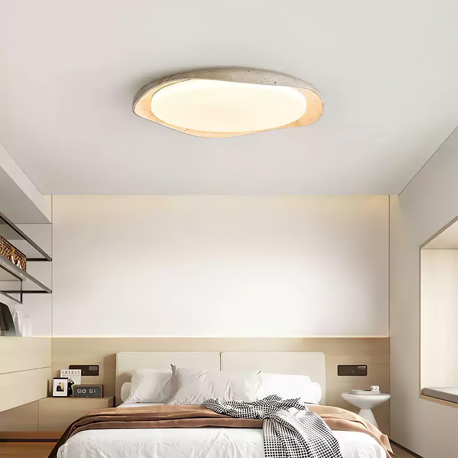 Adoros Rimmed-Circle Travertine Ceiling Light