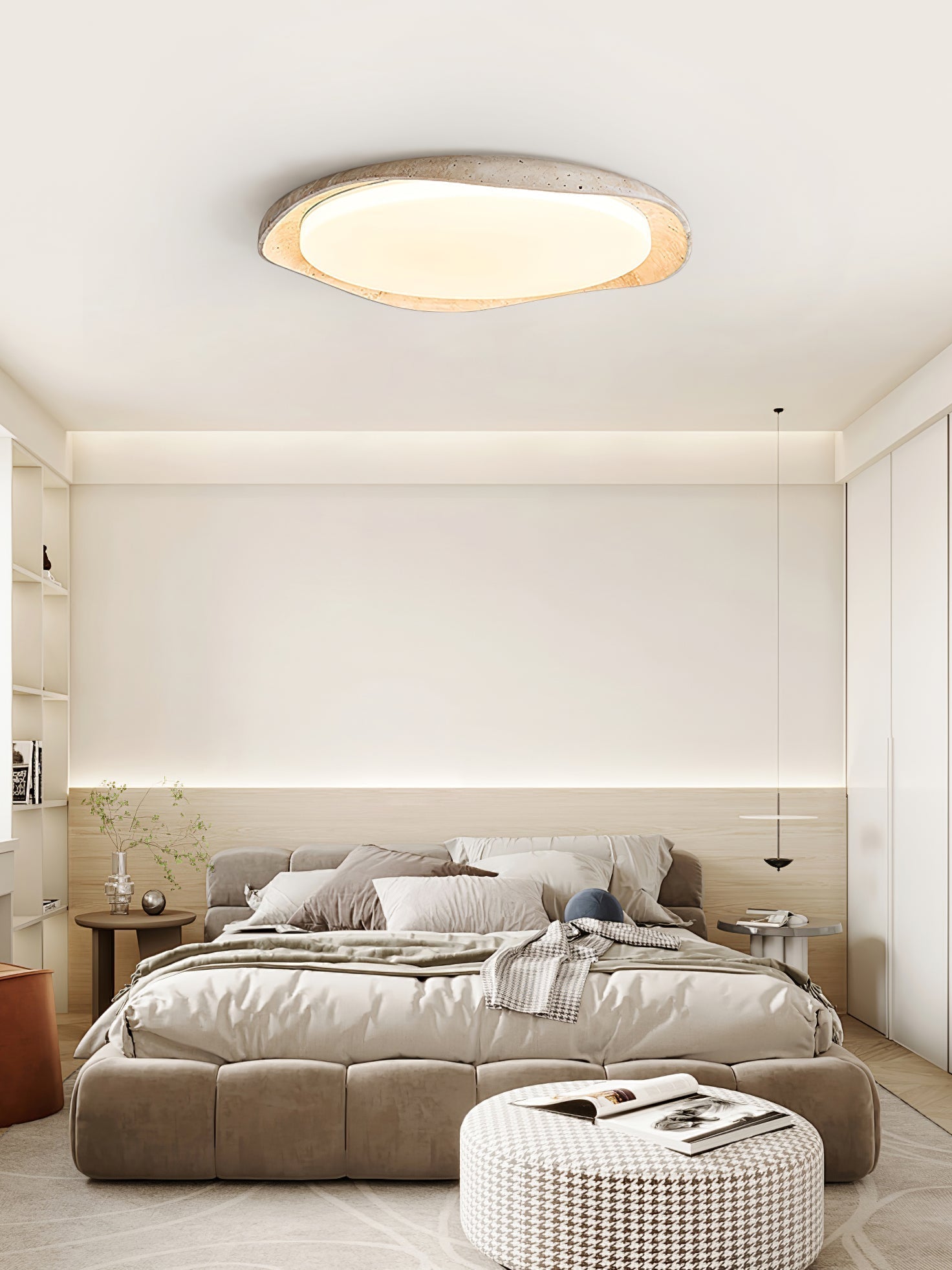 Adoros Rimmed-Circle Travertine Ceiling Light