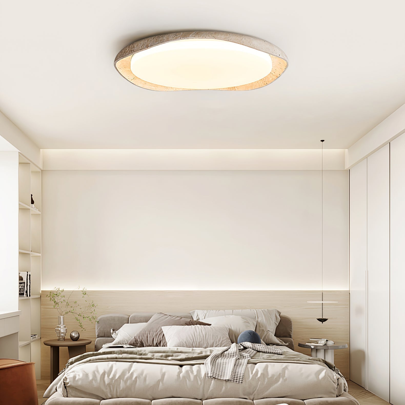 Adoros Rimmed-Circle Travertine Ceiling Light