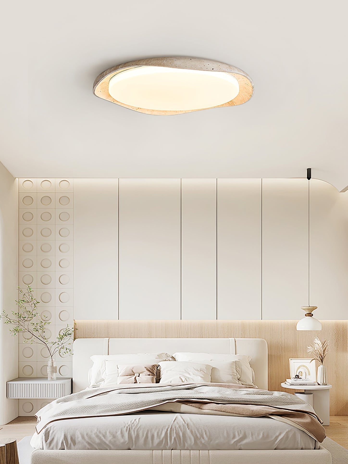 Adoros Rimmed-Circle Travertine Ceiling Light