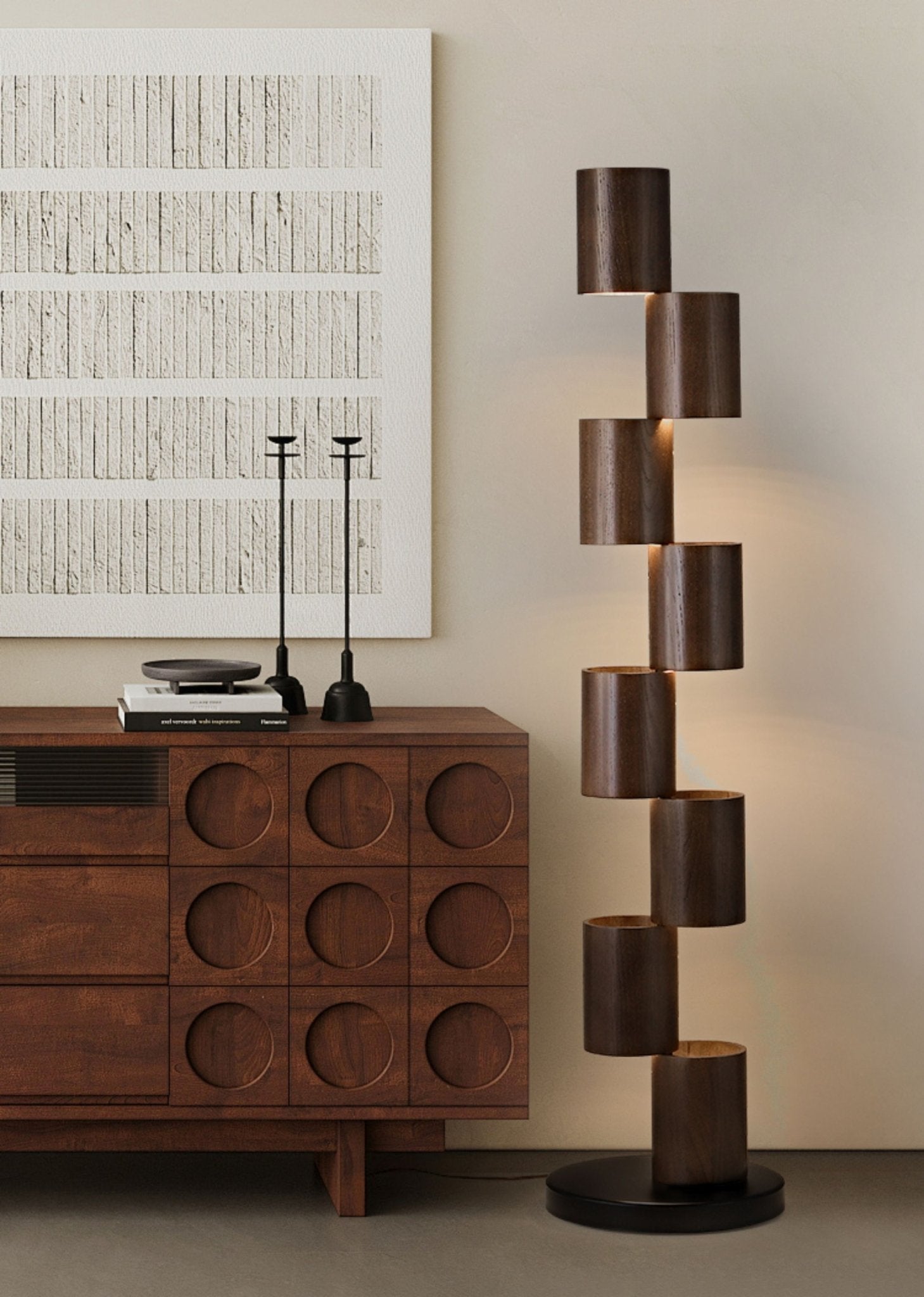 Aris Stacked Wood Tower Floor Lamp