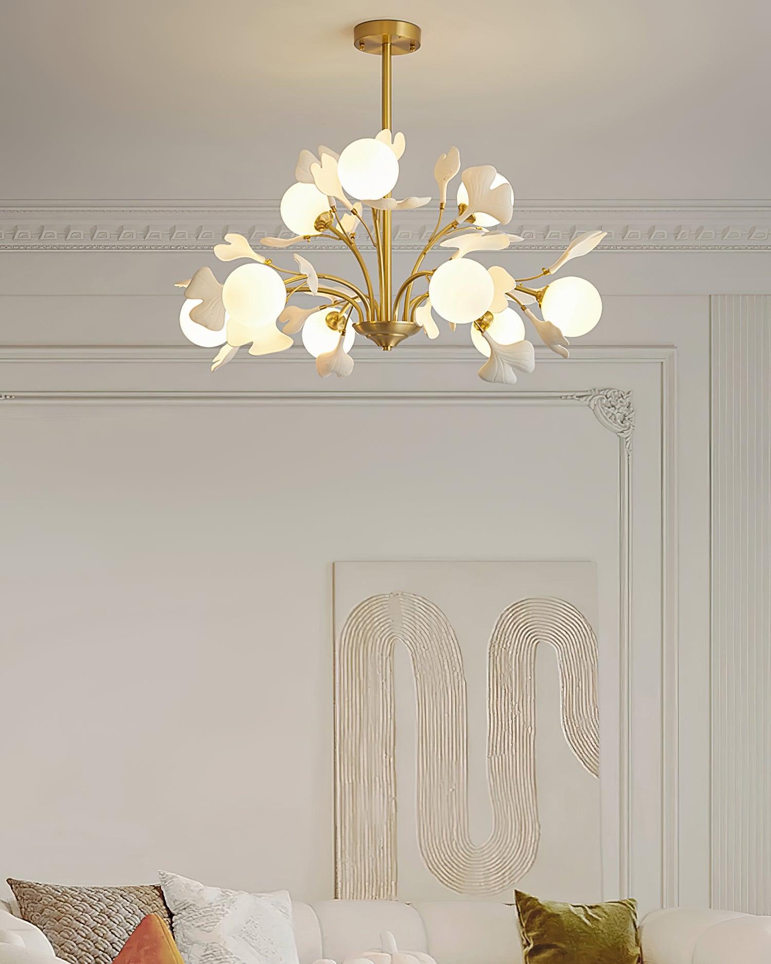 Dorvel Chandelier Ginkgo Leaf Brass Ceramic Glass