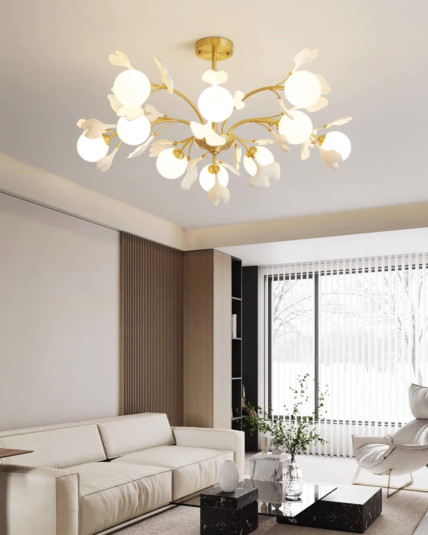 Dorvel Chandelier Ginkgo Leaf Brass Ceramic Glass
