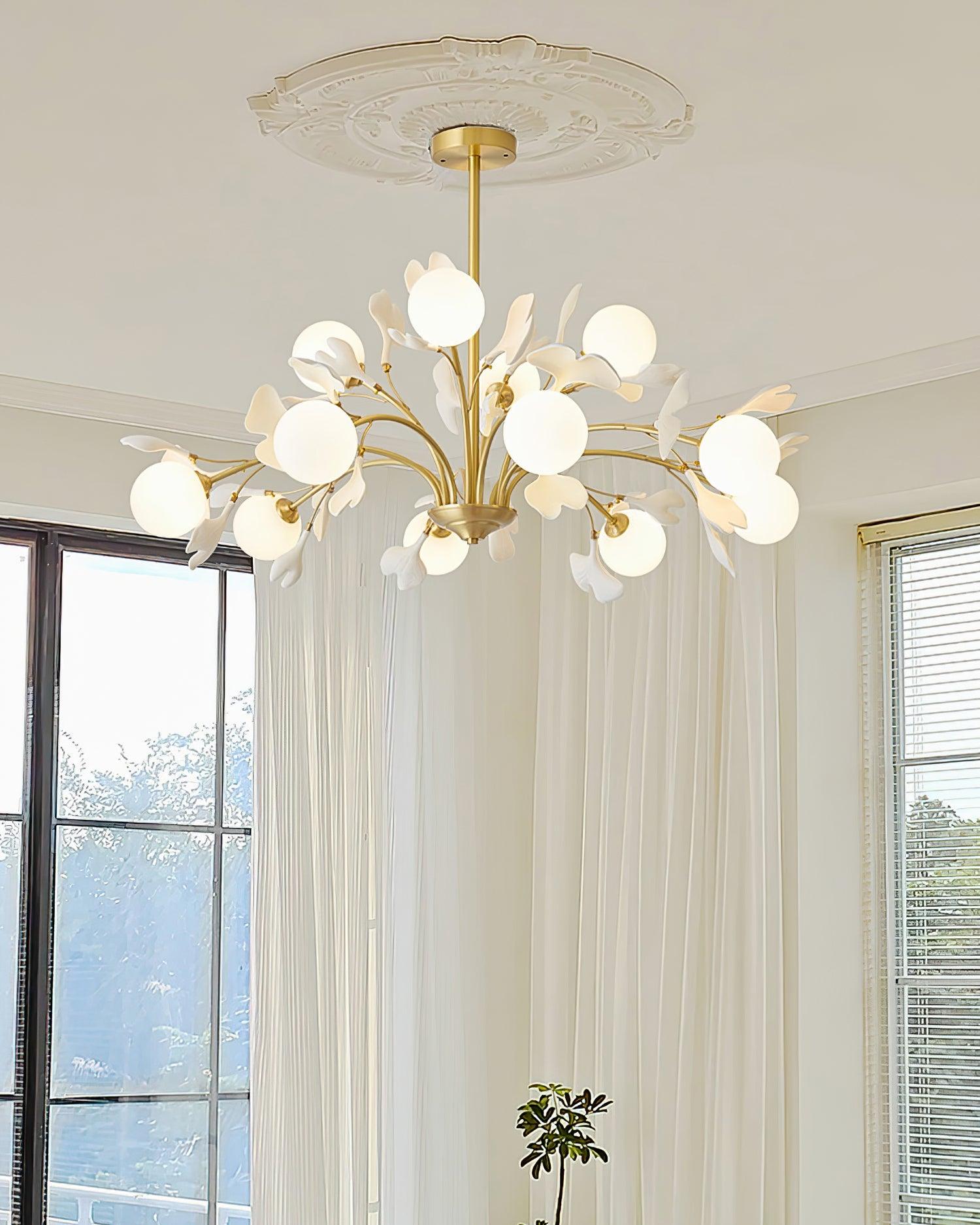 Dorvel Chandelier Ginkgo Leaf Brass Ceramic Glass
