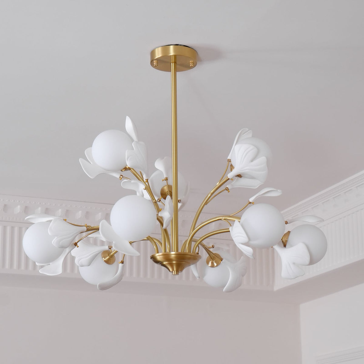 Dorvel Chandelier Ginkgo Leaf Brass Ceramic Glass