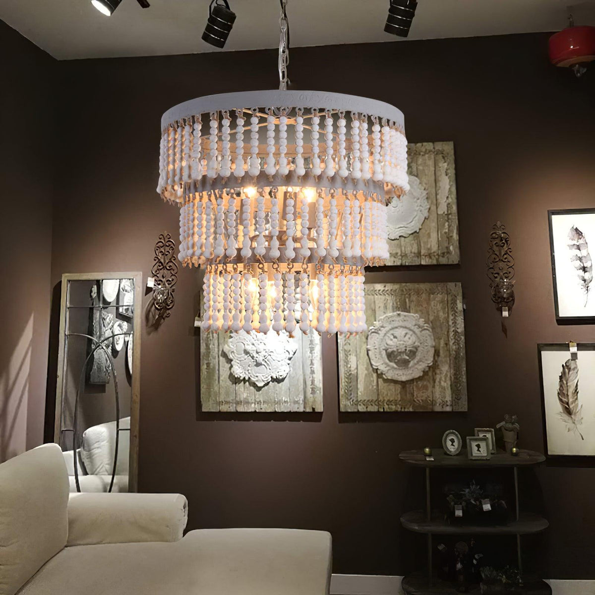 Aldaneon Chandelier Three Tiered Wood Beaded