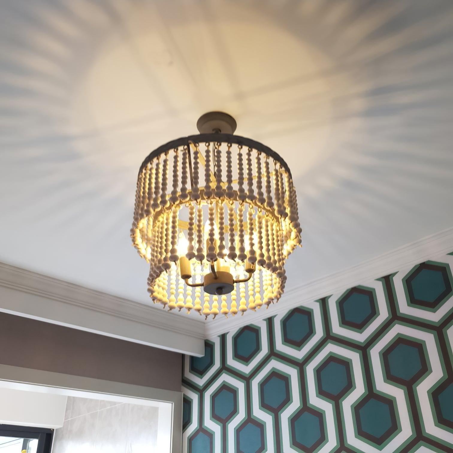 Aldaneon Chandelier Three Tiered Wood Beaded