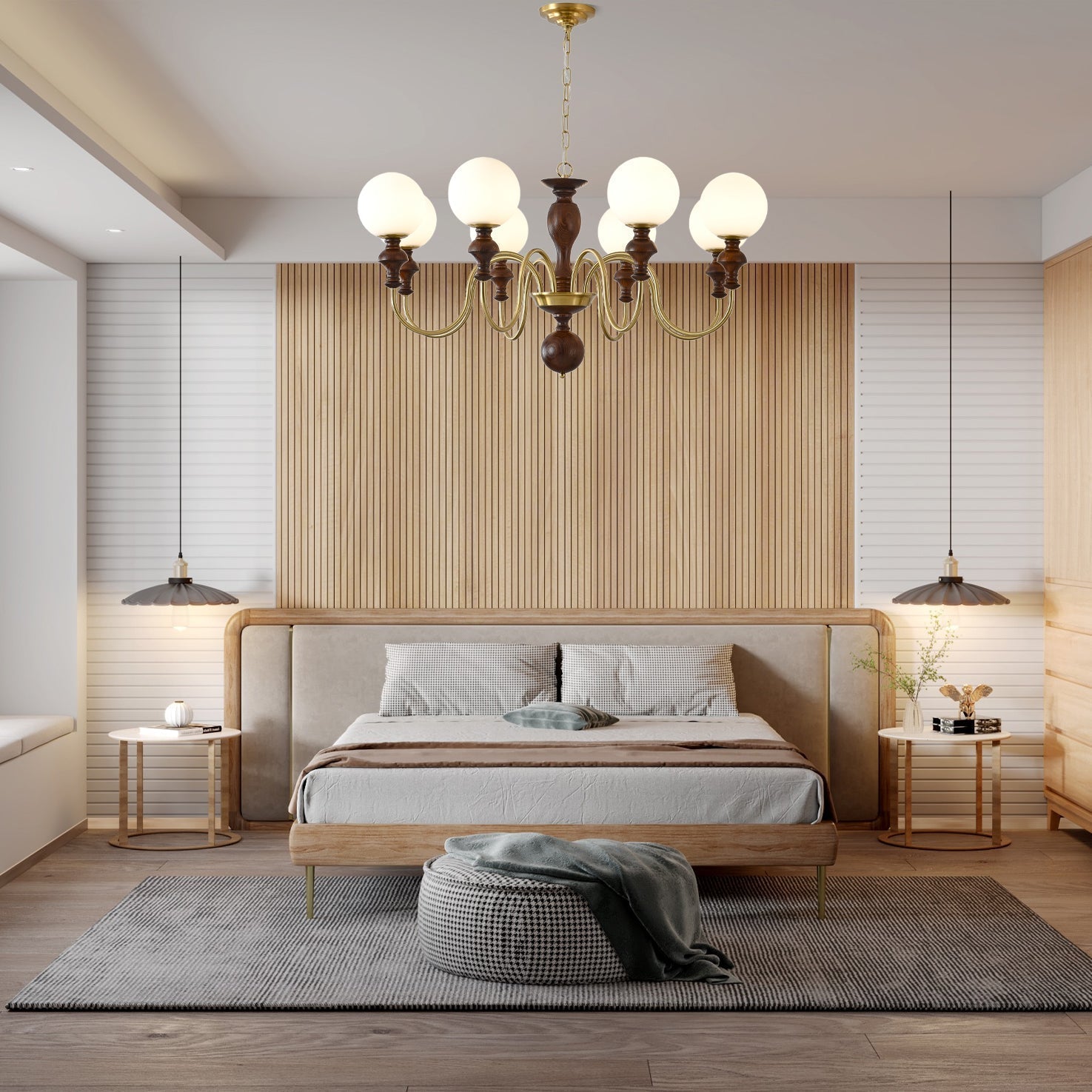 Indris Chandelier Wood & Brass Timeless Globe