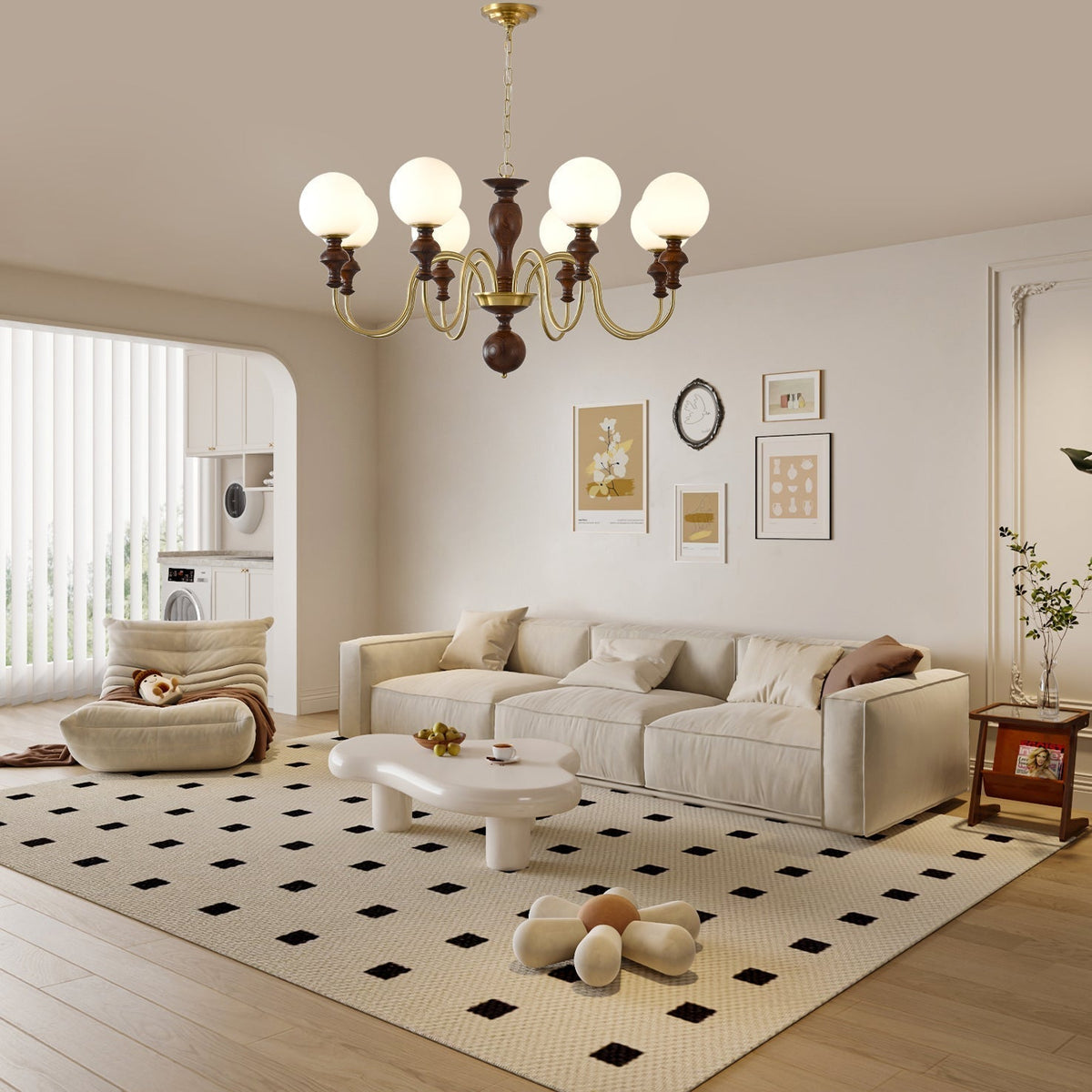 Indris Chandelier Wood & Brass Timeless Globe