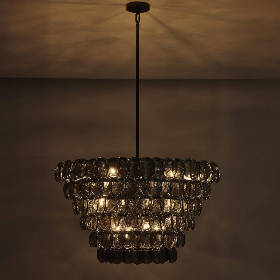 Celalella Chandelier Large Amber Glass Disc Fish Scale Brass