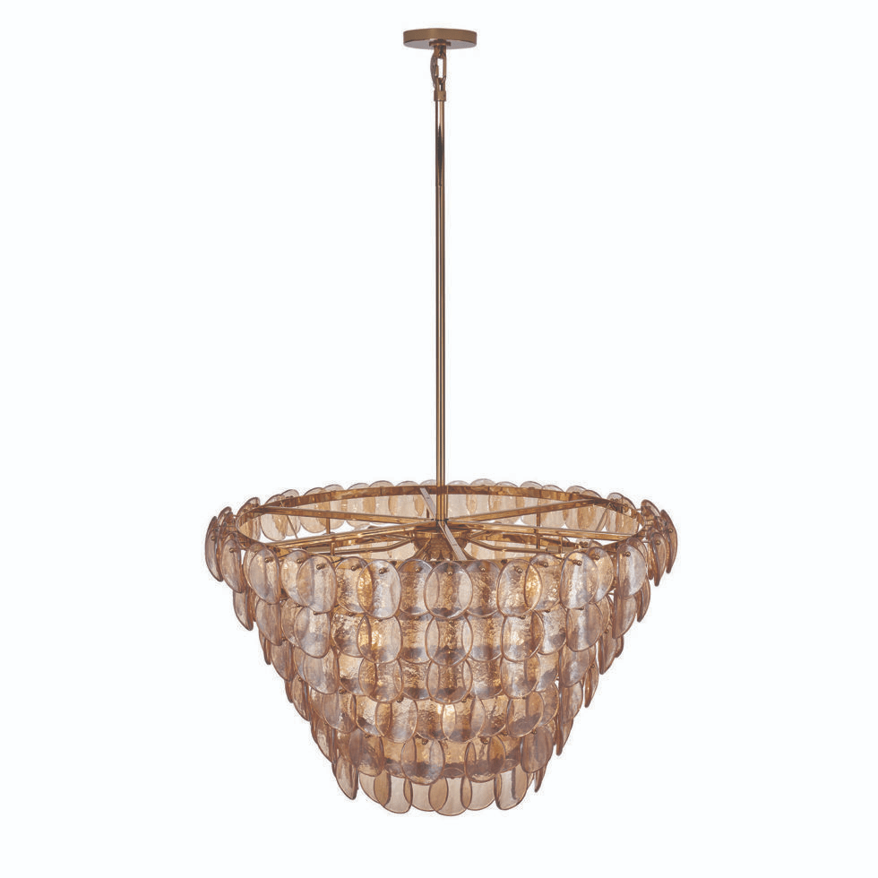 Celalella Chandelier Large Amber Glass Disc Fish Scale Brass