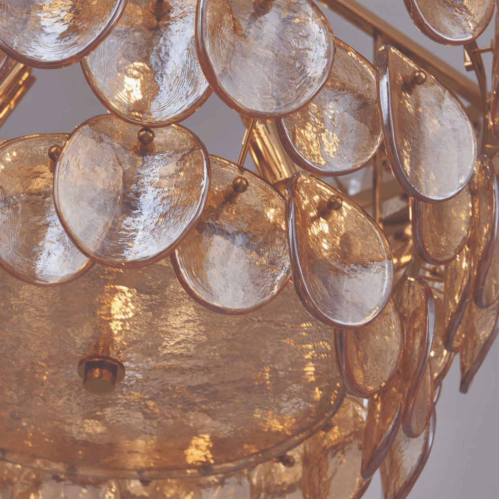 Celalella Chandelier Large Amber Glass Disc Fish Scale Brass