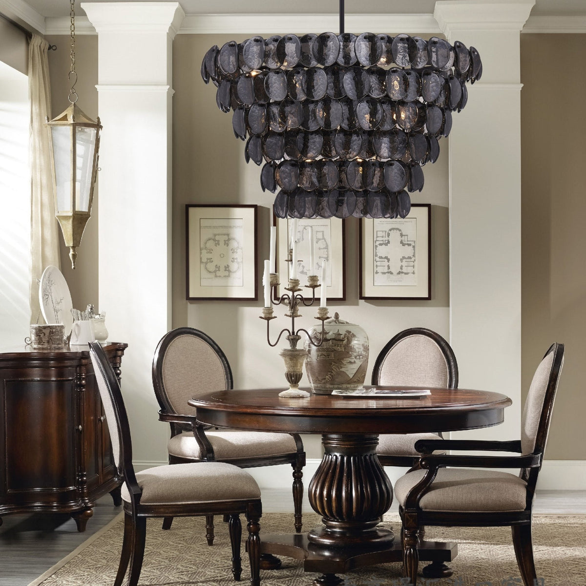 Celalella Chandelier Large Amber Glass Disc Fish Scale Brass