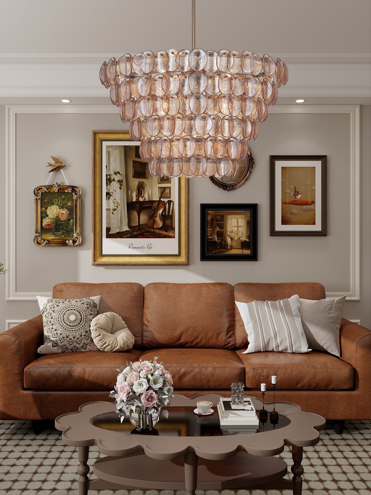 Celalella Chandelier Large Amber Glass Disc Fish Scale Brass