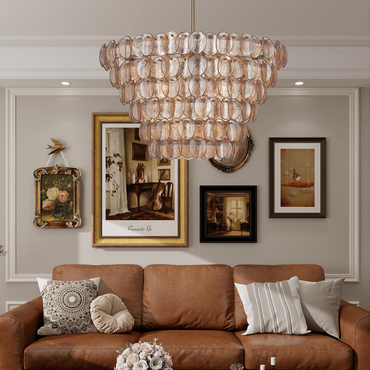 Celalella Chandelier Large Amber Glass Disc Fish Scale Brass