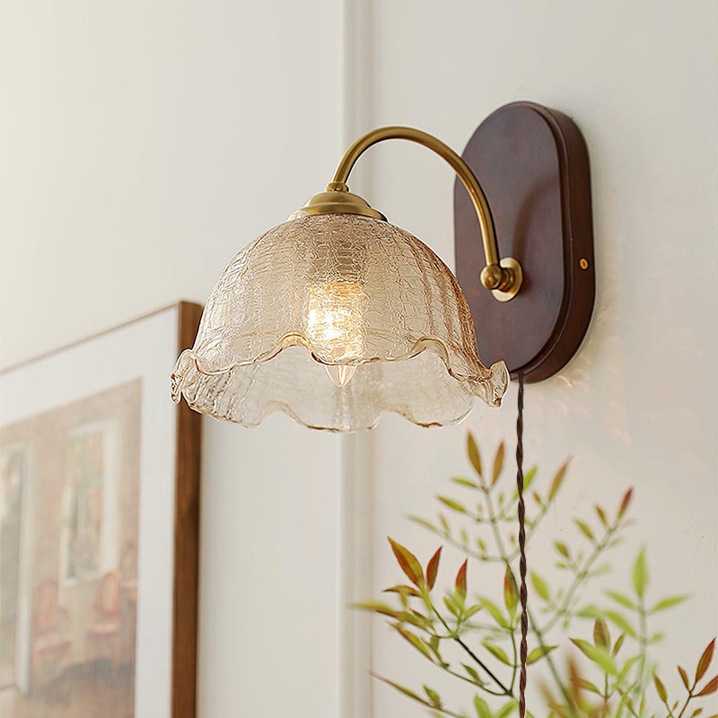 Wall Lamp Curved Arm Flower Glass Shade Plug In Vintage - Neutral Decor