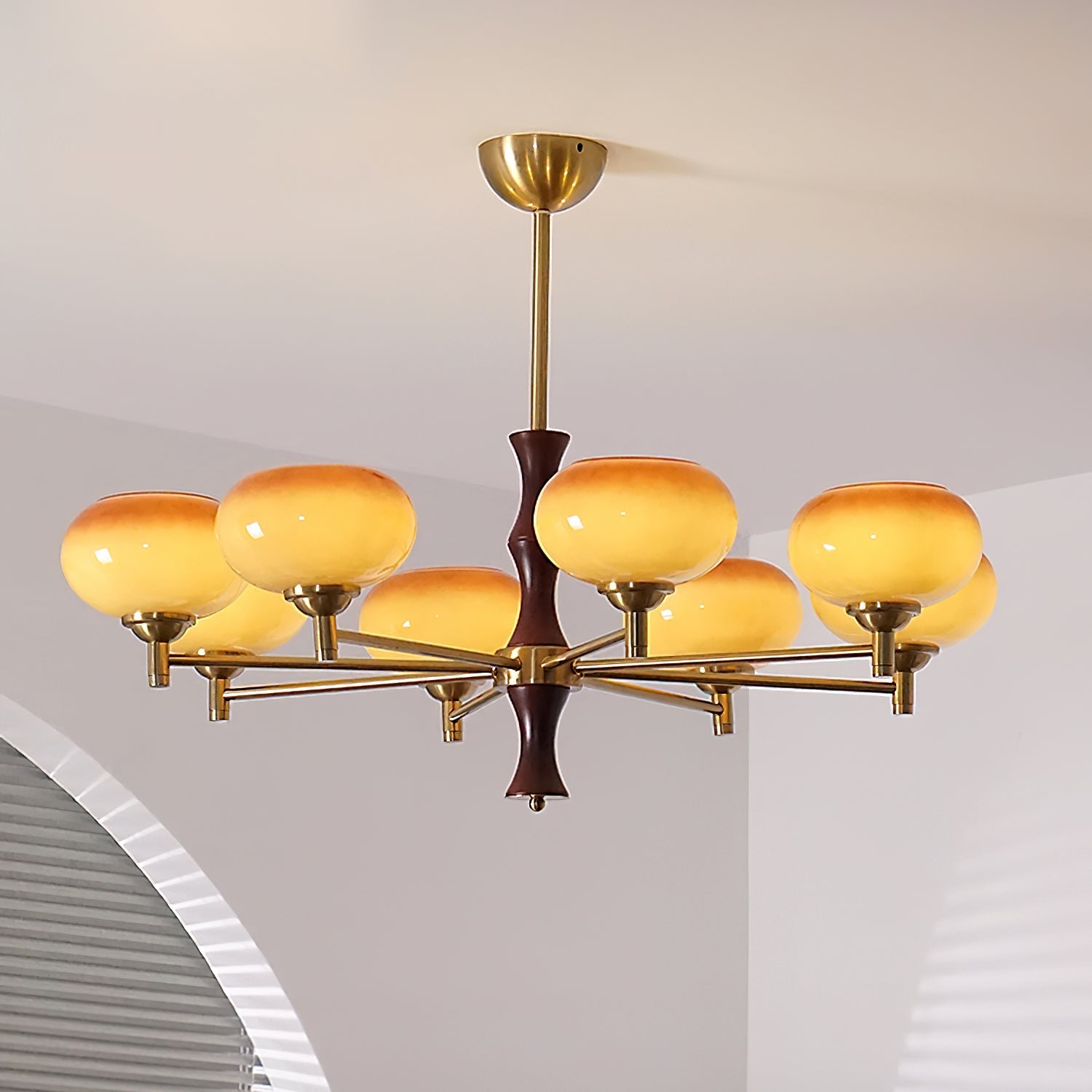 Chandelier Caramel Glass Globes Walnut Wood Arms Vintage - Neutral Decor