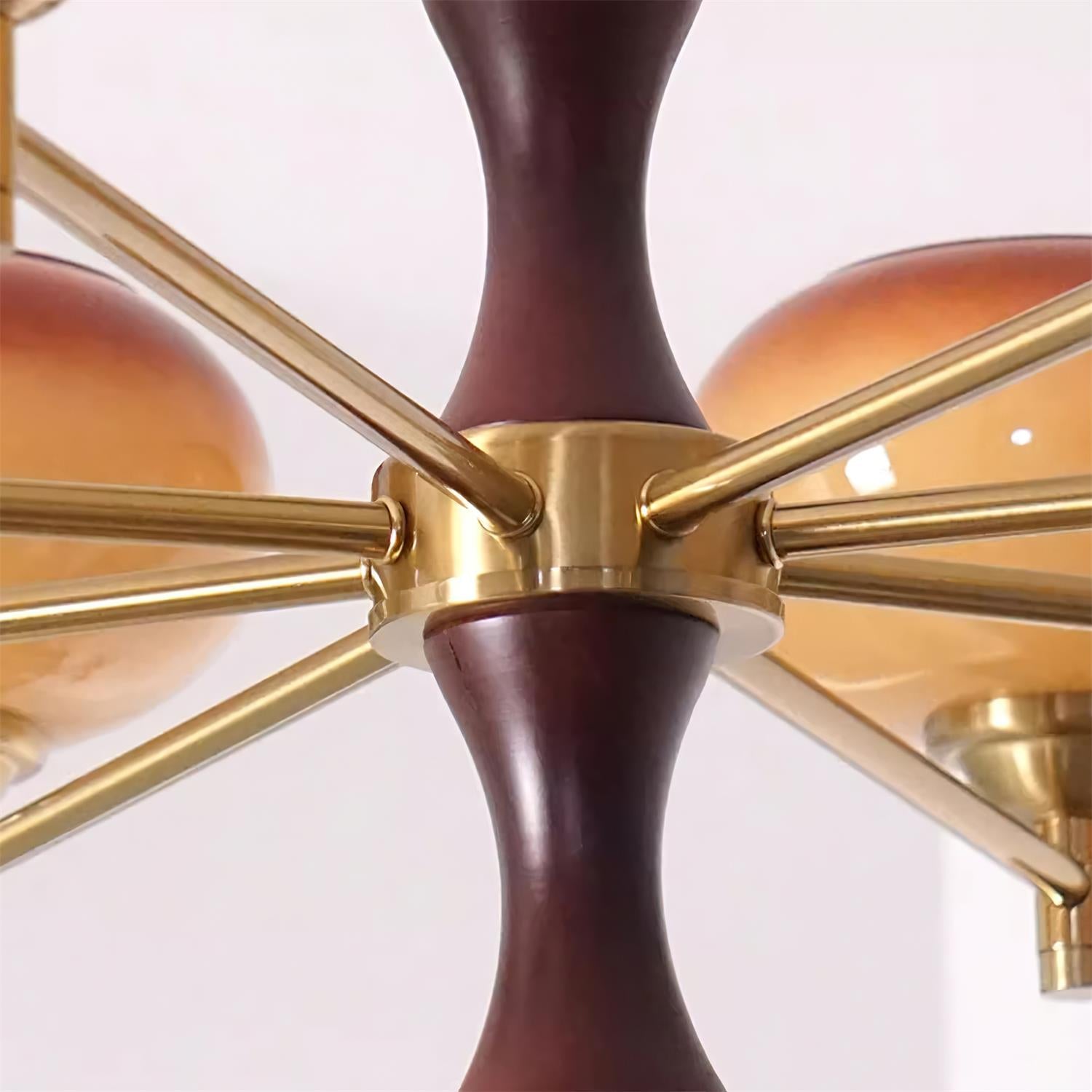 Chandelier Caramel Glass Globes Walnut Wood Arms Vintage - Neutral Decor