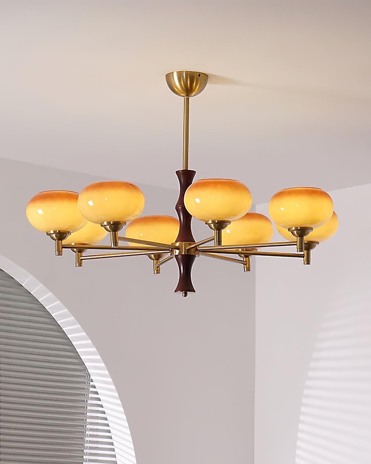 Chandelier Caramel Glass Globes Walnut Wood Arms Vintage - Neutral Decor