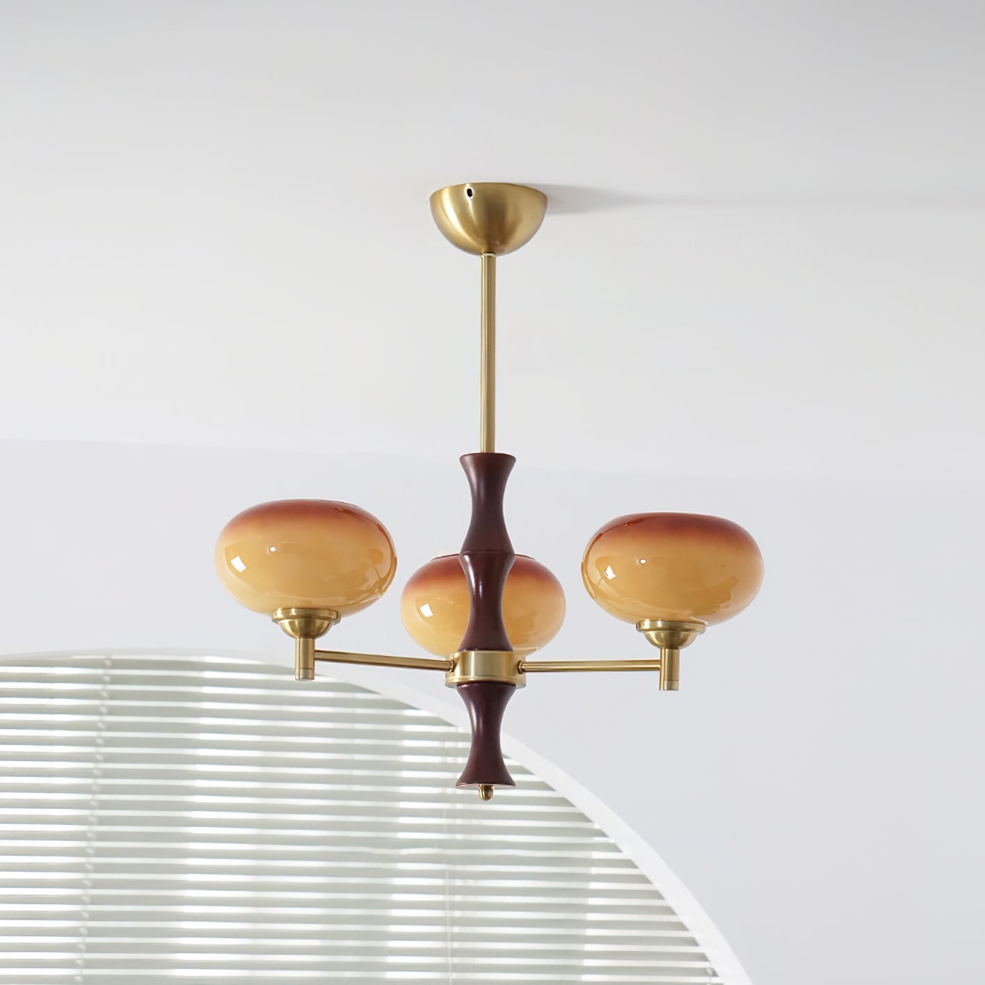 Chandelier Caramel Glass Globes Walnut Wood Arms Vintage - Neutral Decor