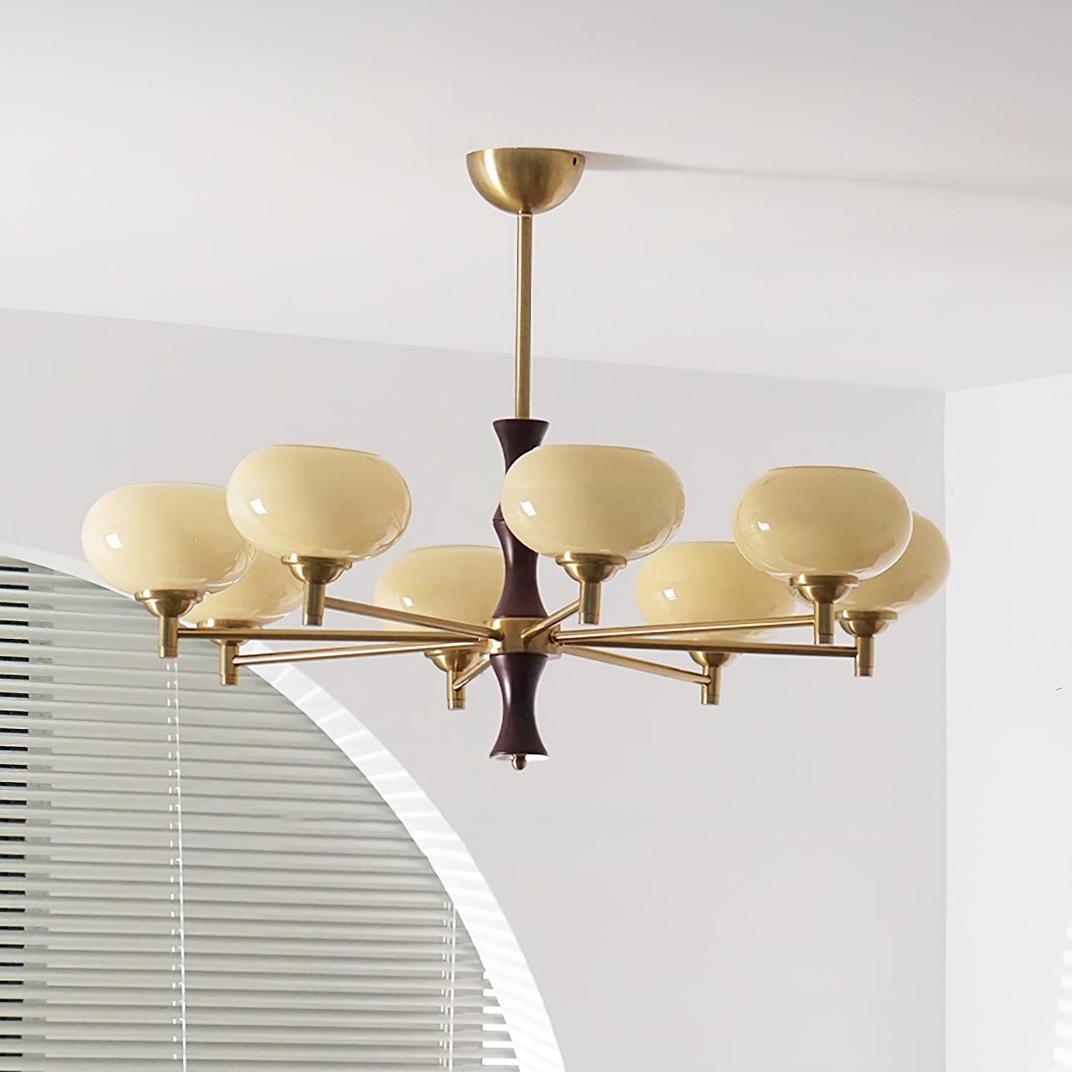Chandelier Caramel Glass Globes Walnut Wood Arms Vintage - Neutral Decor