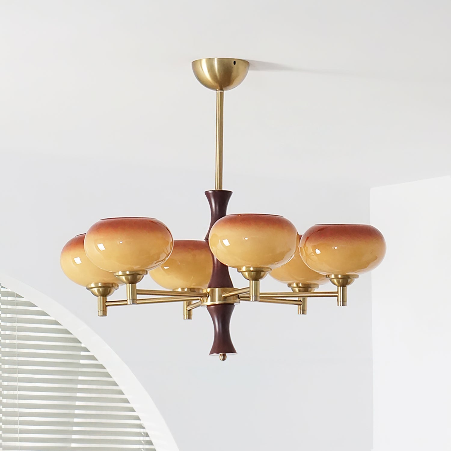 Chandelier Caramel Glass Globes Walnut Wood Arms Vintage - Neutral Decor
