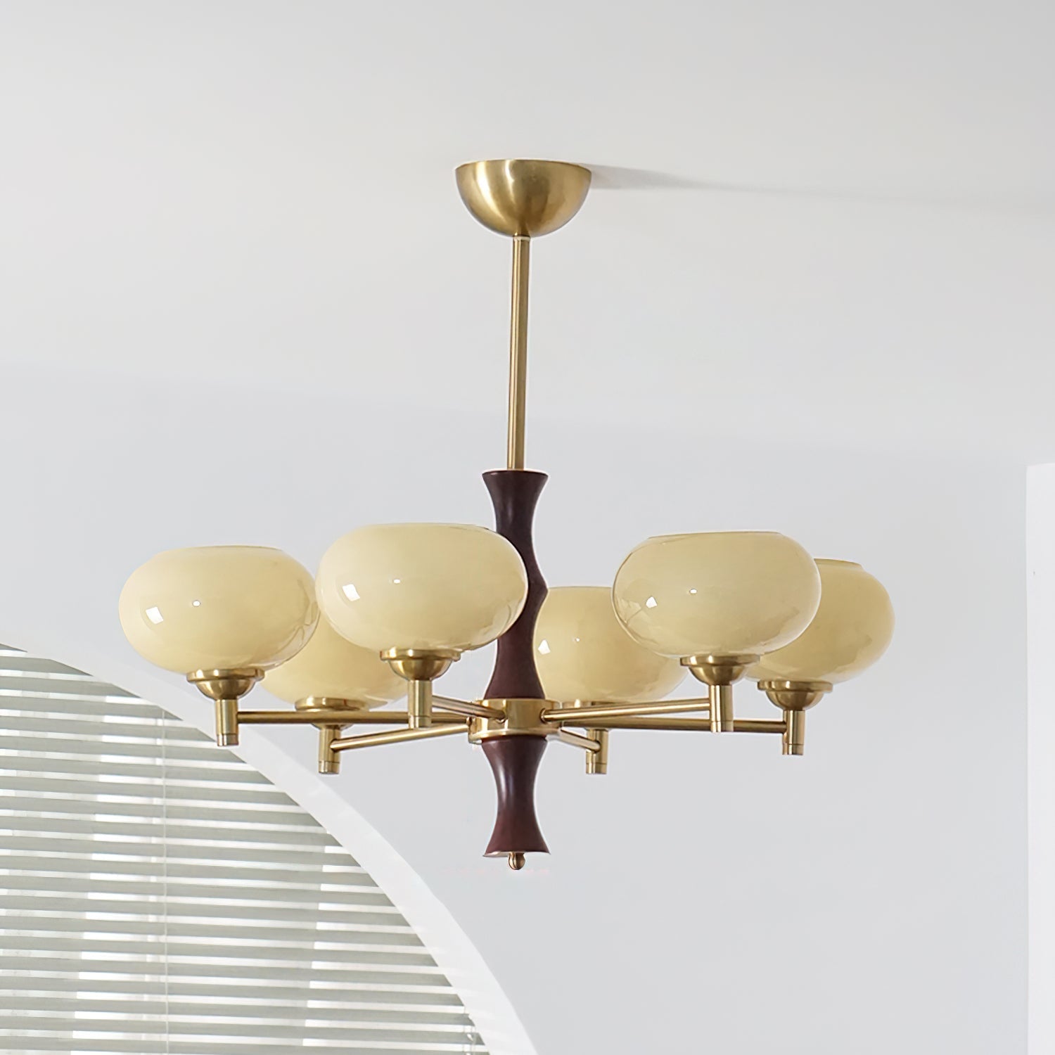 Chandelier Caramel Glass Globes Walnut Wood Arms Vintage - Neutral Decor