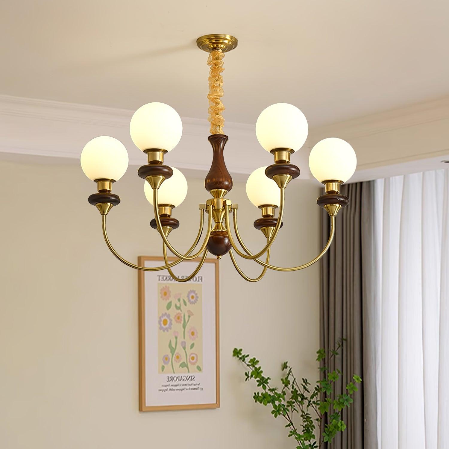 Rinoelle Chandelier Retro Brass Walnut Glass