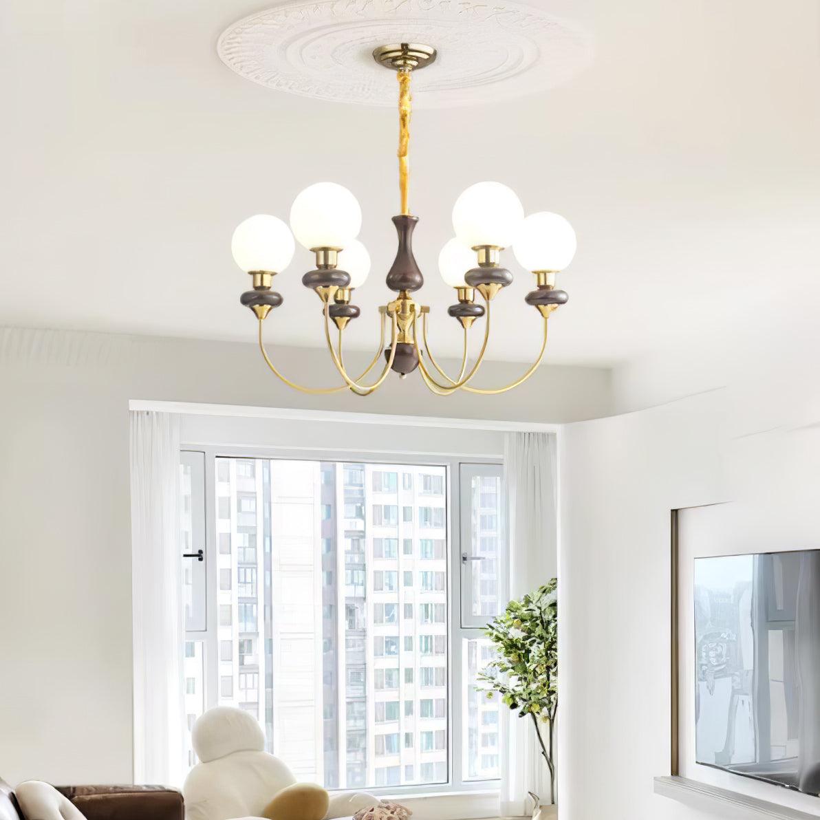 Rinoelle Chandelier Retro Brass Walnut Glass