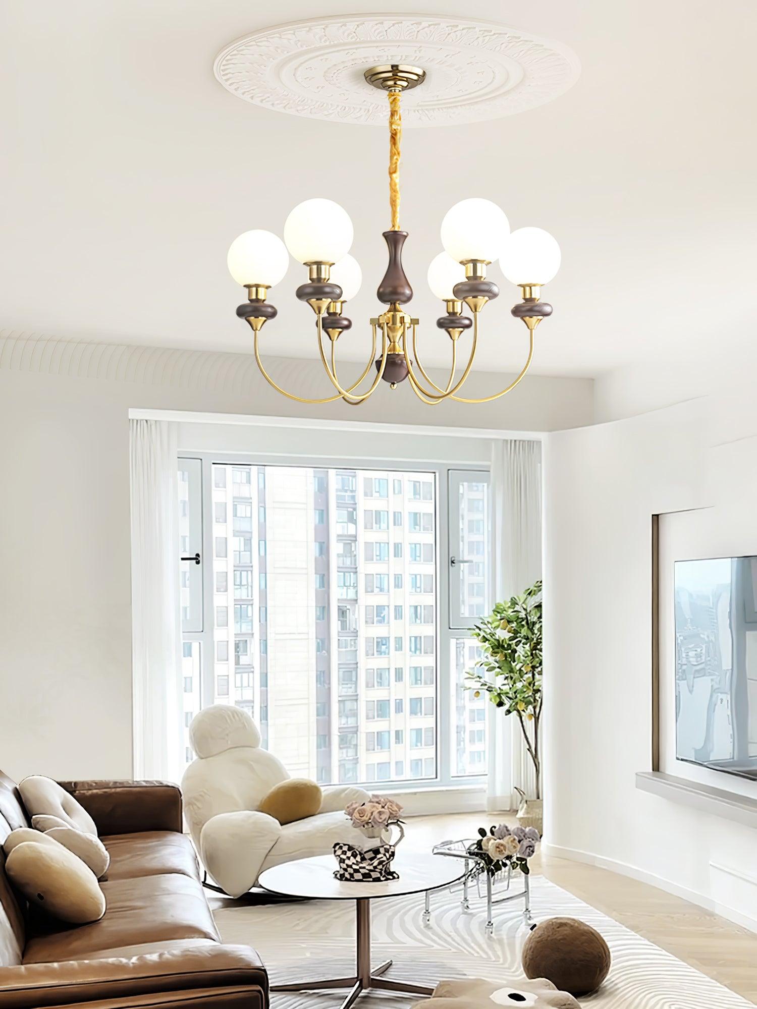 Rinoelle Chandelier Retro Brass Walnut Glass