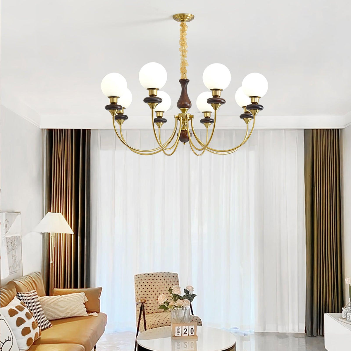 Rinoelle Chandelier Retro Brass Walnut Glass