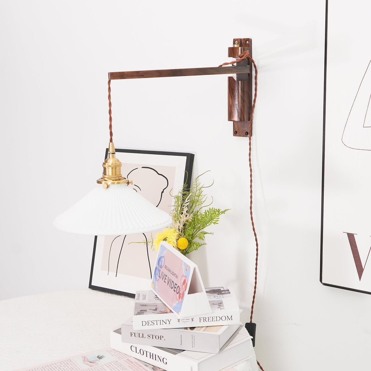 Evin Nordic Art Swing Arm Walnut Ceramic Wall Lamp