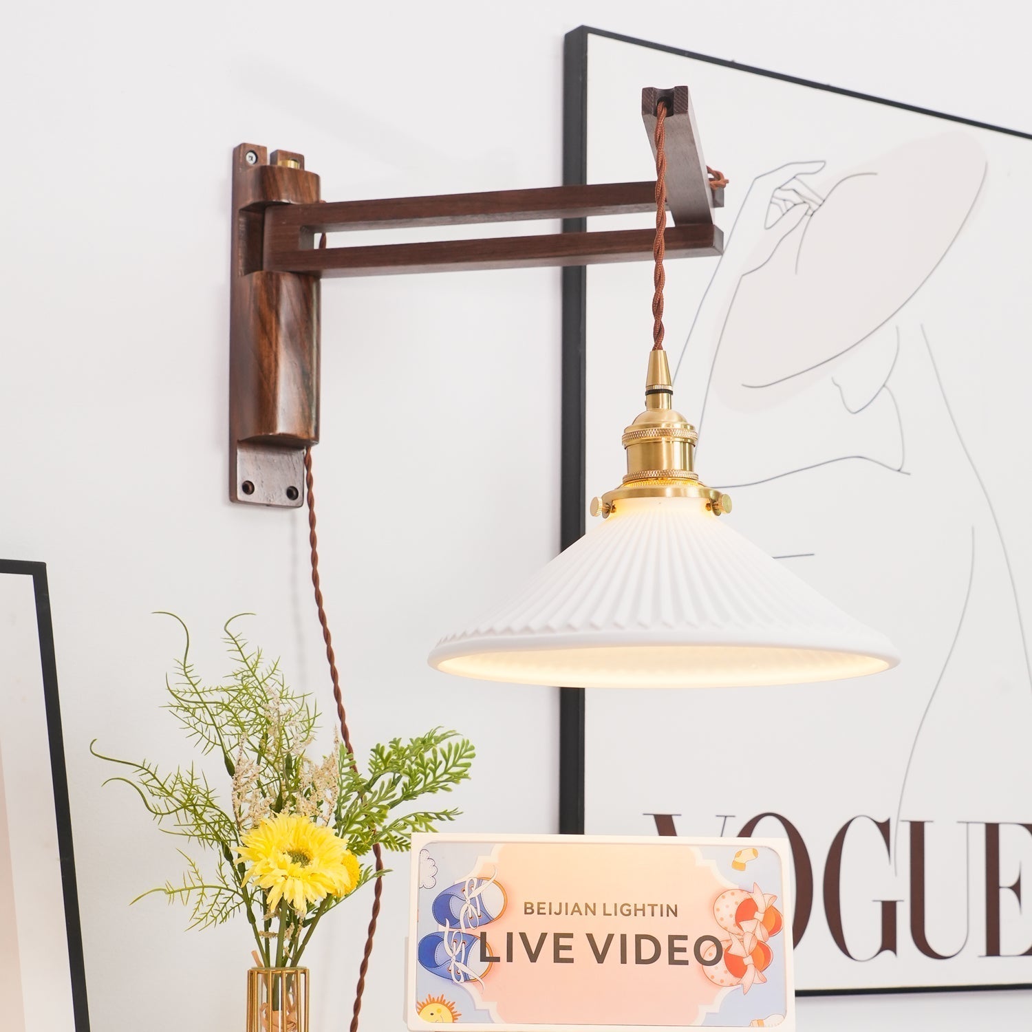 Evin Nordic Art Swing Arm Walnut Ceramic Wall Lamp