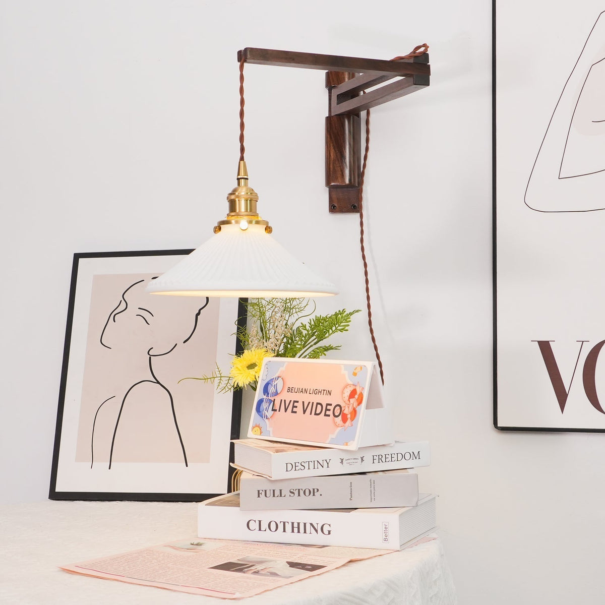 Evin Nordic Art Swing Arm Walnut Ceramic Wall Lamp