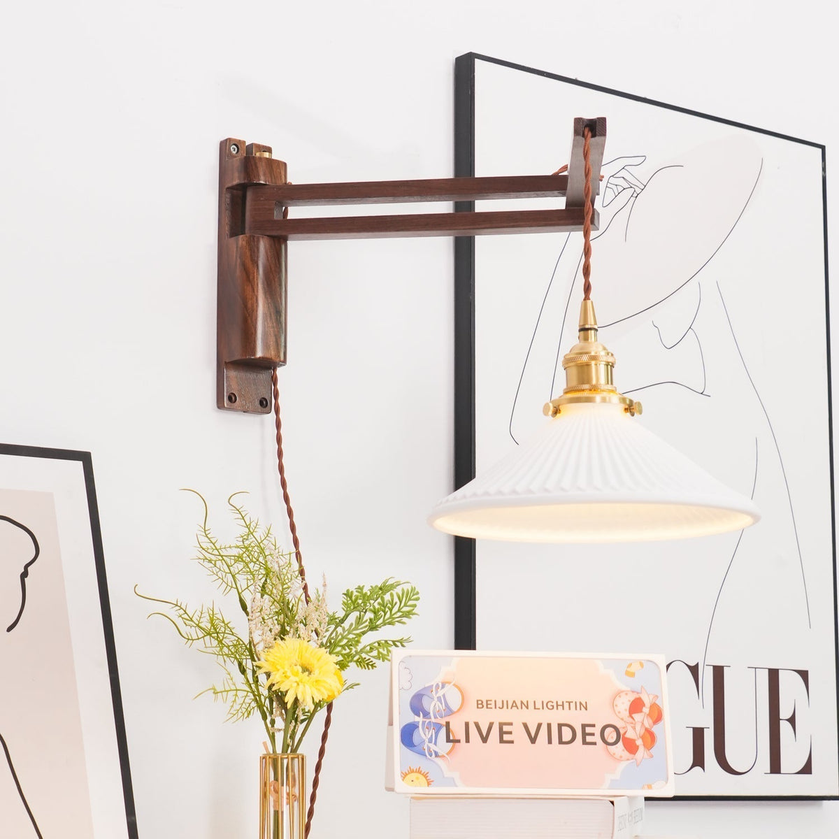 Esviel Nordic Art Swing Arm Walnut Ceramic Wall Light