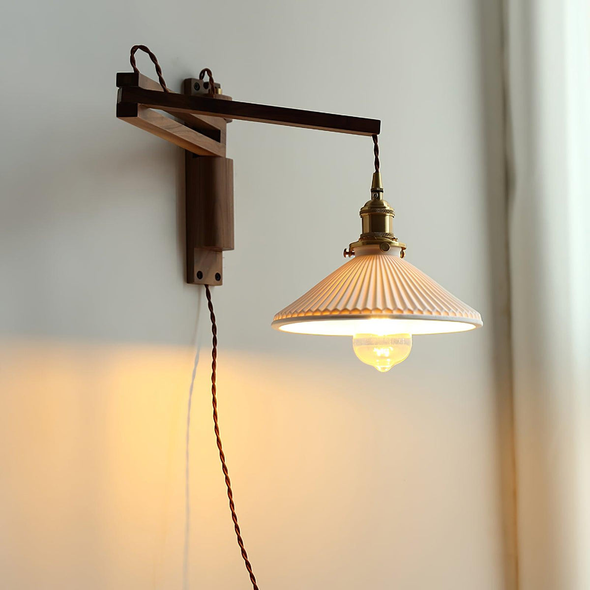 Evin Nordic Art Swing Arm Walnut Ceramic Wall Lamp