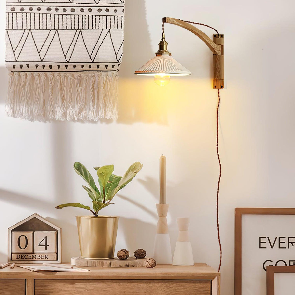 Evin Nordic Art Swing Arm Walnut Ceramic Wall Lamp