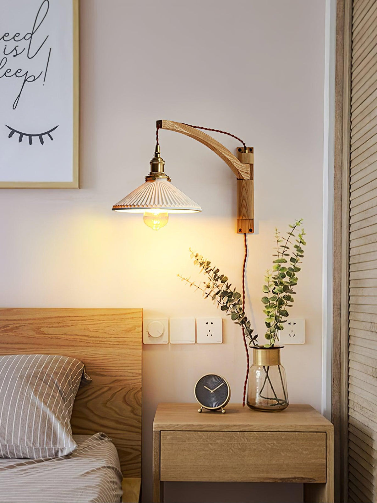 Evin Nordic Art Swing Arm Walnut Ceramic Wall Lamp