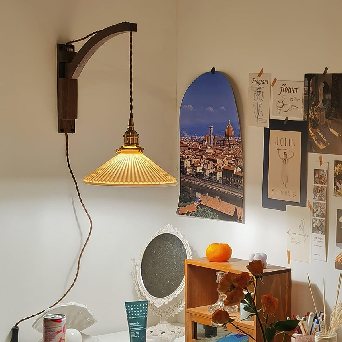 Evin Nordic Art Swing Arm Walnut Ceramic Wall Lamp