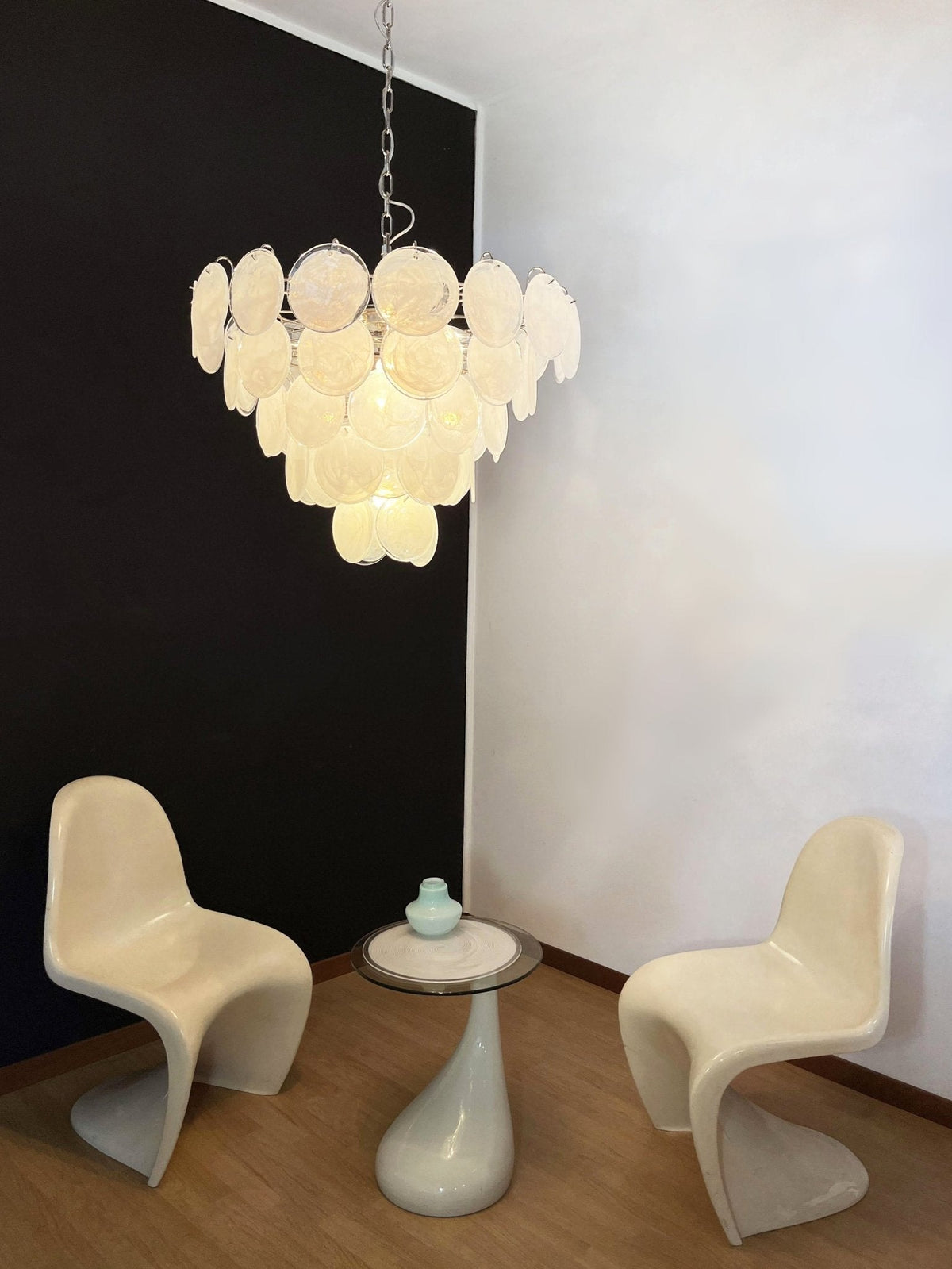 Veloelle Chandelier White Murano Glass Disc Contemporary